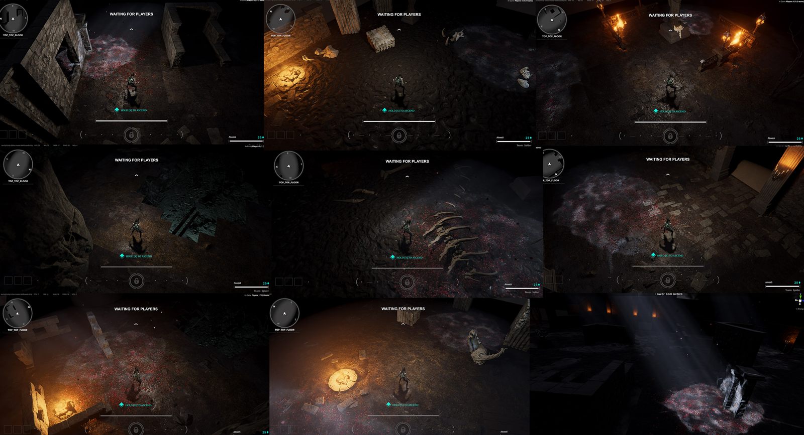 Grid of nine in-game screenshots testing exterior ground and floor materials