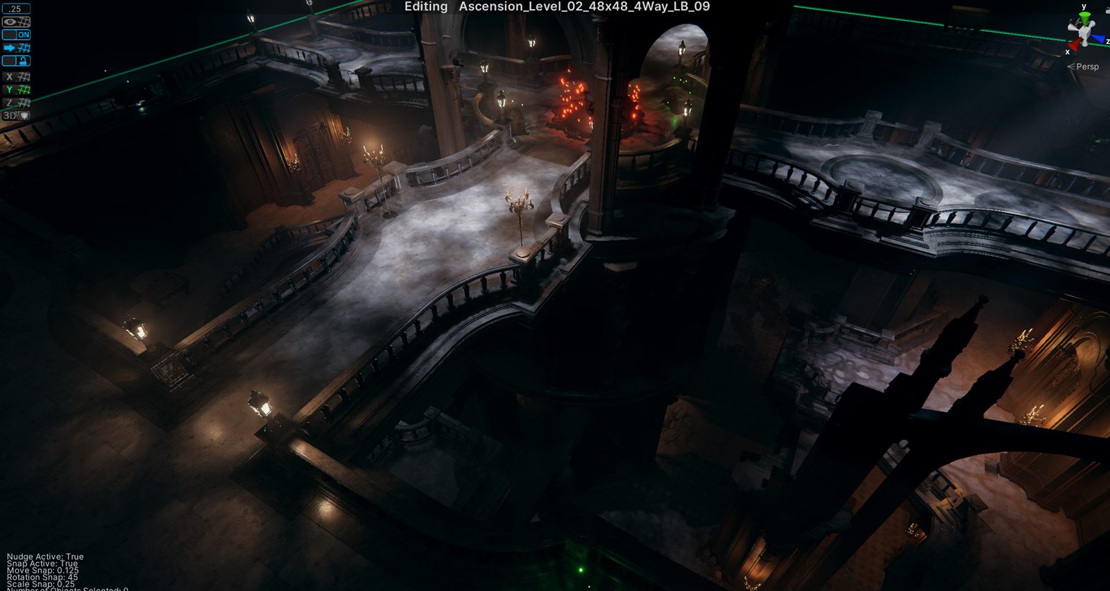 Arkheron layered level layout with bridges over a lower floor