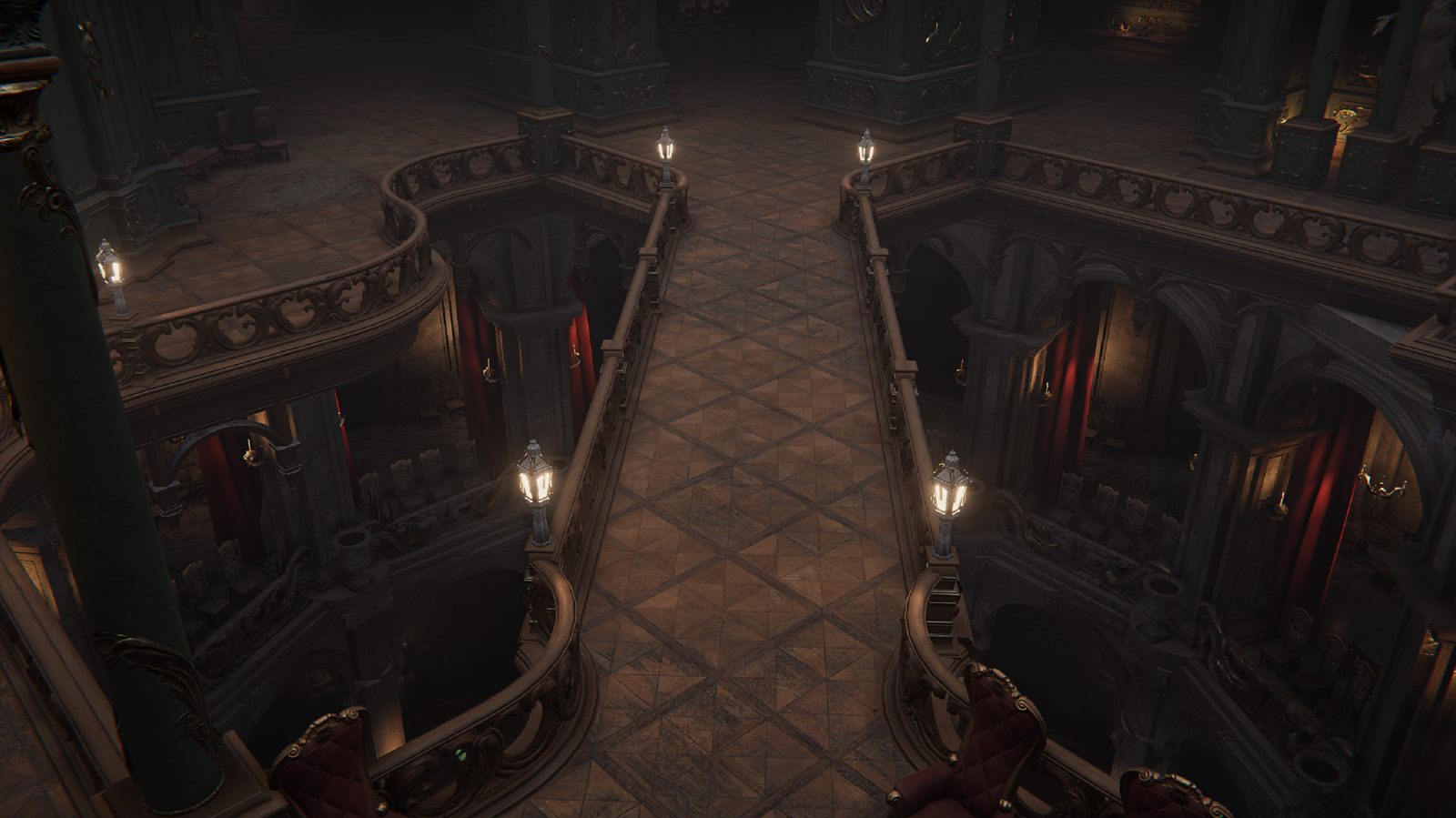 Arkheron gothic hall with a central walkway and railings