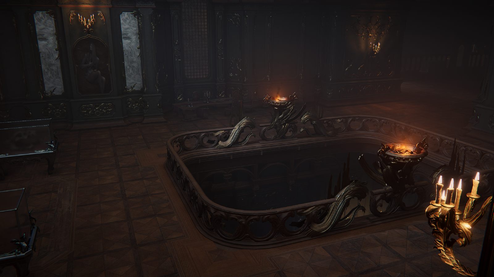 Arkheron room with a sunken pool, braziers and candelabra