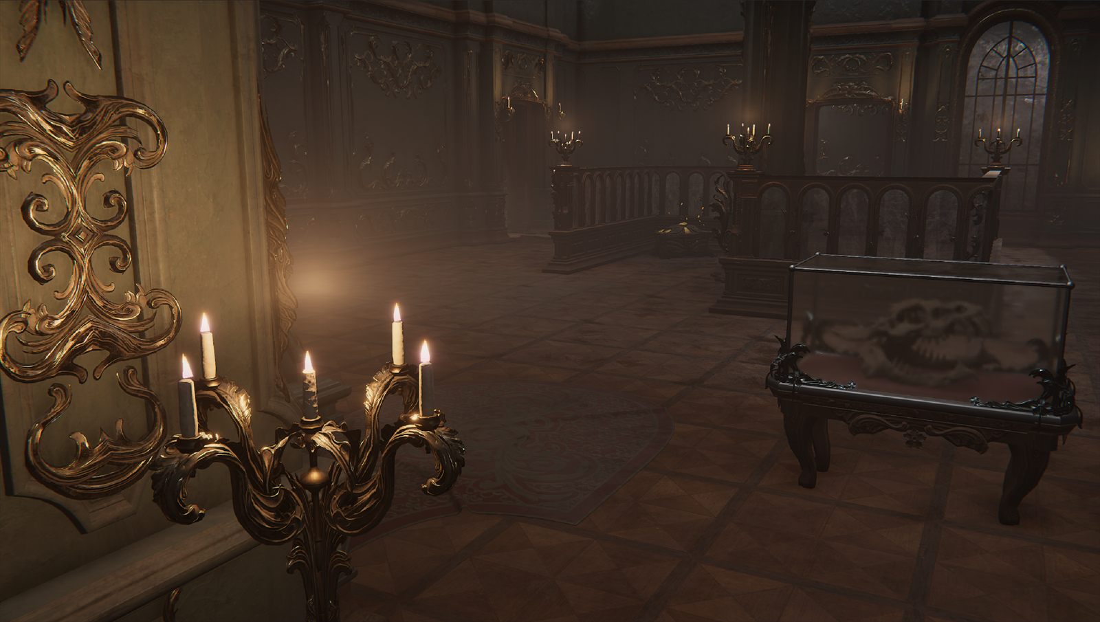 Arkheron hall with golden candelabra and display case