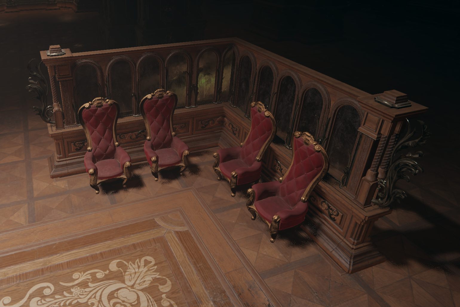 Ornate wooden railing kit with red leather chairs