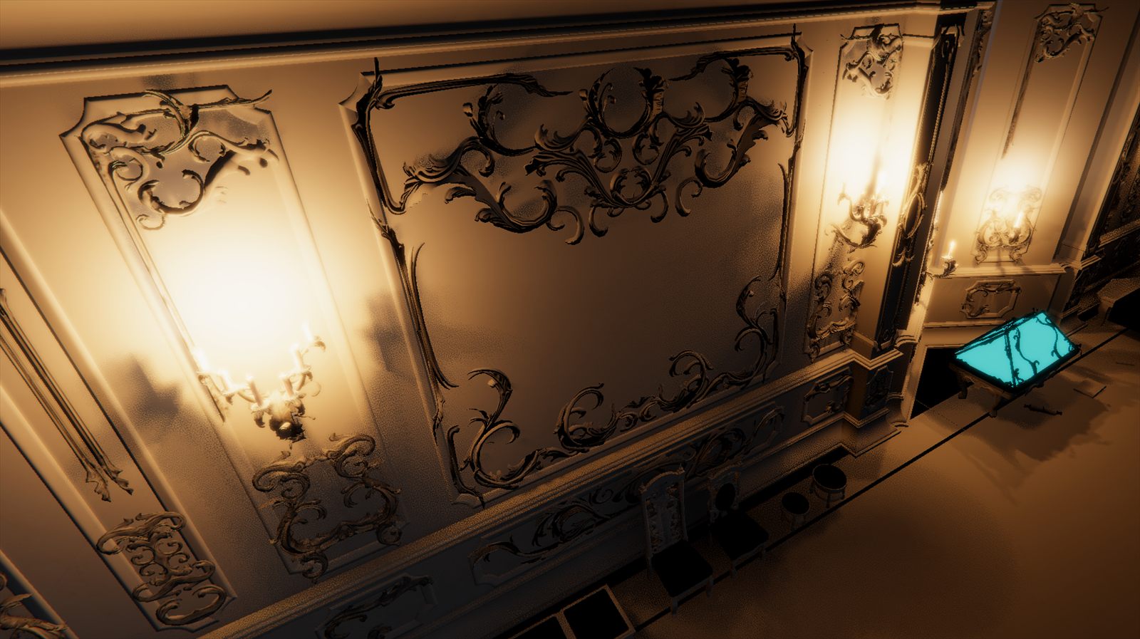 Card-based baroque scrollwork on a lit wall panel