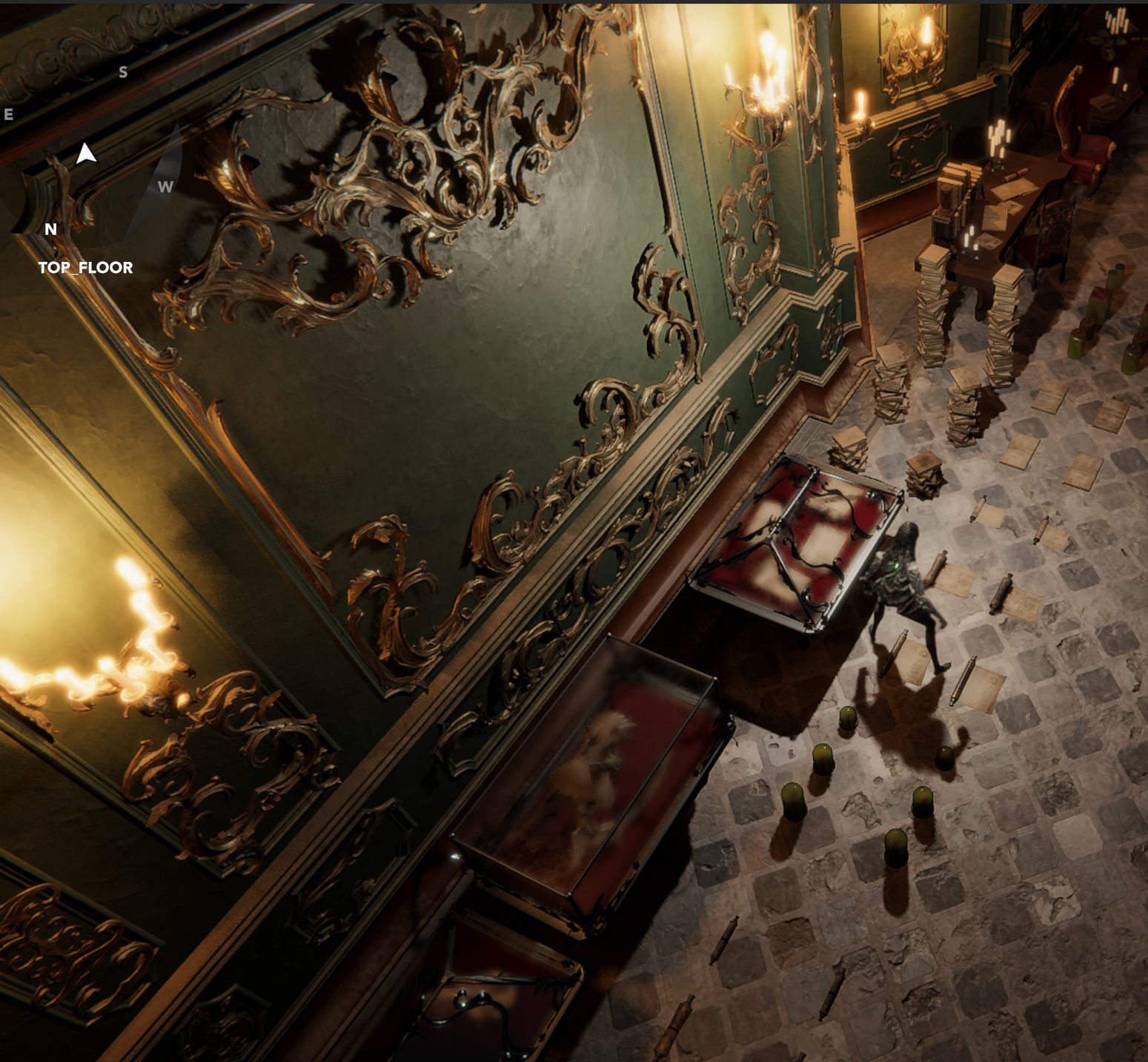 Top-down view of a room with card-based scrollwork trim