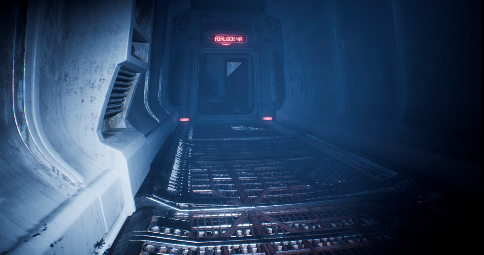 INFESTSTATION blue-lit space station corridor