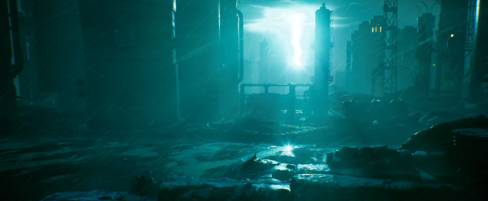 Rebel Core teal industrial environment