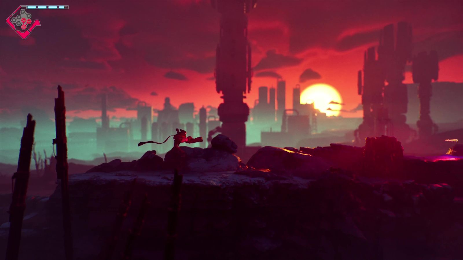Rebel Core: the hero overlooking a red wasteland at sunset