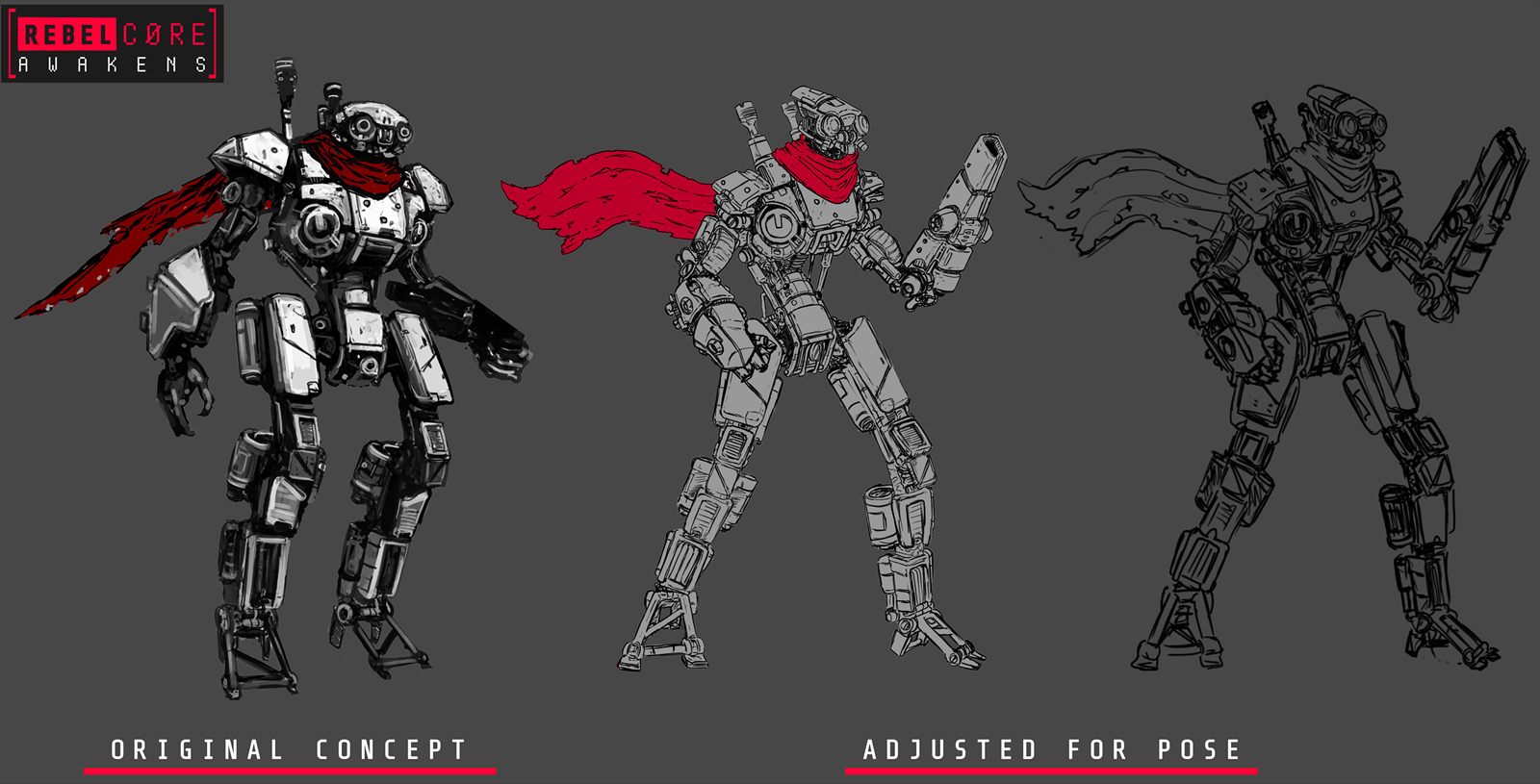 Rebel Core character design, original concept to adjusted pose