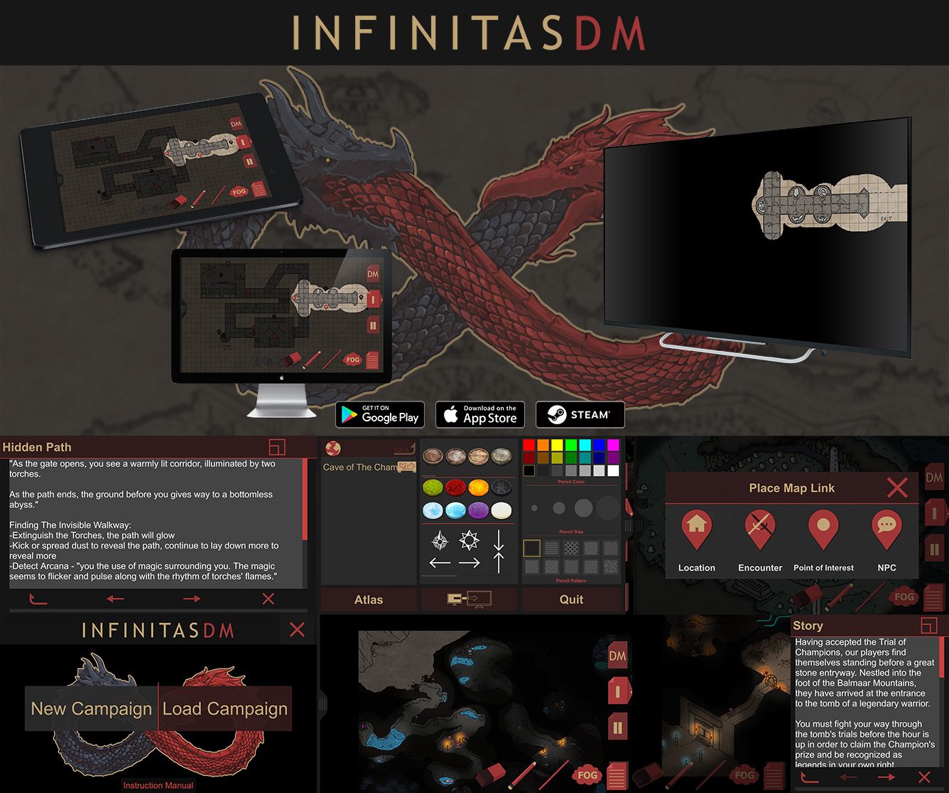 InfinitasDM app screens on desktop and mobile
