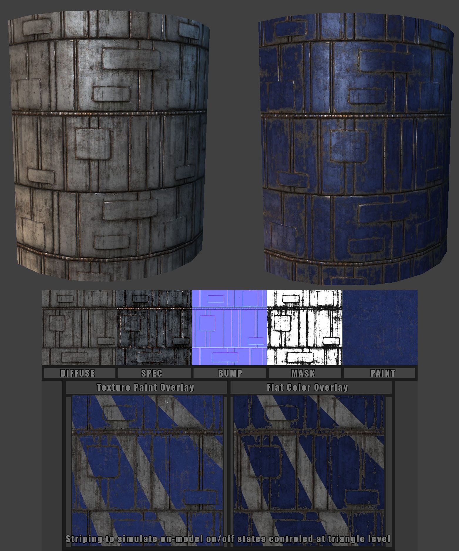 In-engine texture blending test on cylinders with texture channel breakdown