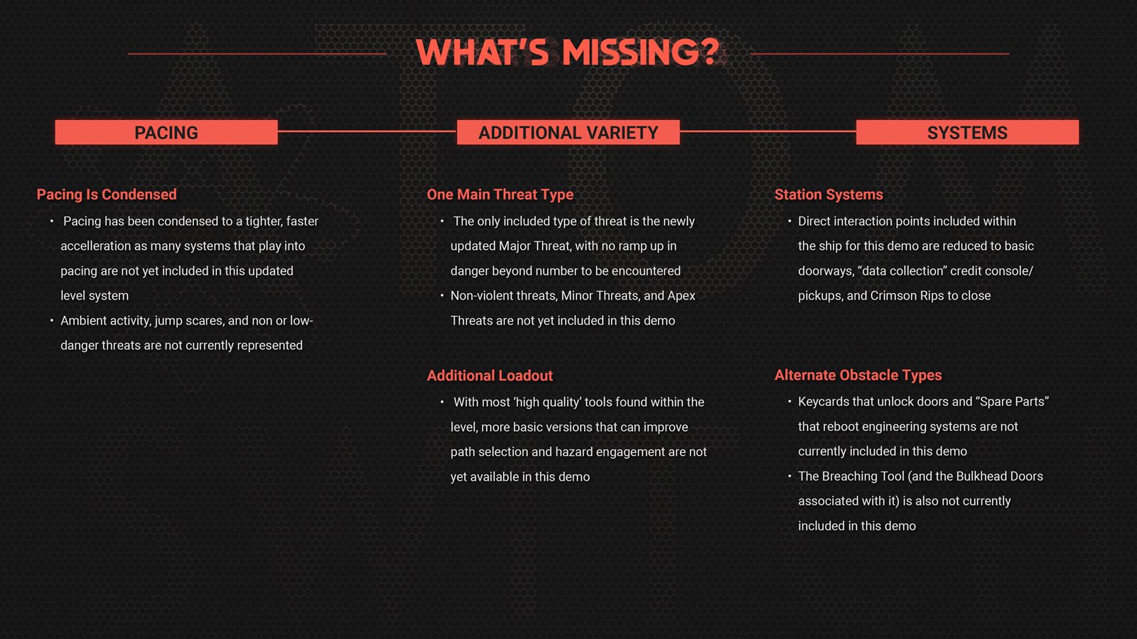 Demo 2 update: what's missing